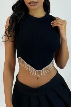Black Casual Solid Tassel Patchwork Chains O Neck Tops