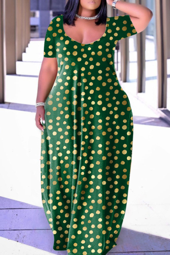 Green Casual Print Basic V Neck Short Sleeve Dress Dresses