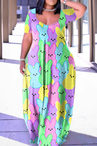 Pink Green Casual Print Basic V Neck Short Sleeve Dress Dresses