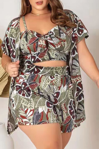 Grey Fashion Print Patchwork Square Collar Plus Size Three Pieces