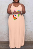 Apricot Sexy Casual Print Backless Spaghetti Strap Long Dress Plus Size Dresses