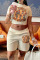 Khaki Casual Print Patchwork O Neck Short Sleeve Two Pieces