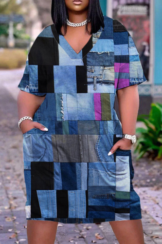 Blue Black Casual Print Patchwork Pocket V Neck Short Sleeve Dress