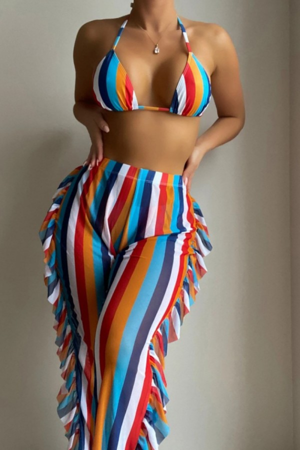 Multicolor Sexy Striped Print Bandage Patchwork Backless Swimsuit Three Piece Set (With Paddings)