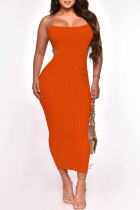 Orange Sexy Casual Solid Bandage Backless Halter Sling Dress