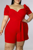Yellow Fashion Casual Solid Hollowed Out V Neck Plus Size Romper