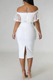 White Casual Solid Patchwork Off the Shoulder One Step Skirt Dresses