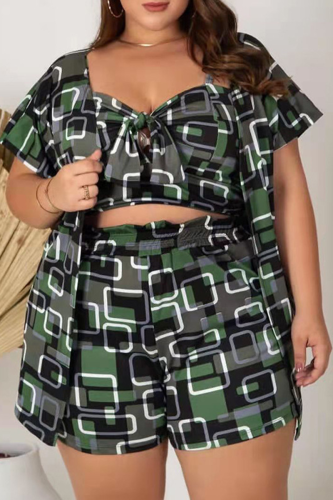 Green Fashion Print Patchwork Square Collar Plus Size Three Pieces