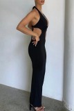 Black Sexy Solid Bandage Hollowed Out Backless Halter Long Dress Dresses