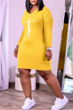 Yellow Fashion Casual Print Basic V Neck Long Sleeve Plus Size Dresses