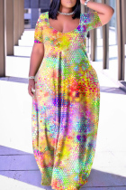 Yellow Casual Print Patchwork V Neck Short Sleeve Dress
