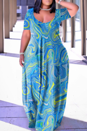 Blue Casual Print Patchwork V Neck Short Sleeve Dress