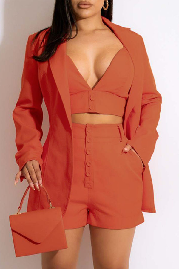Orange Red Casual Solid Patchwork Turndown Collar Long Sleeve Three Pieces