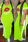 Fluorescent Green Fashion Casual Plus Size Lips Printed Patchwork Slit O Neck Short Sleeve Dress