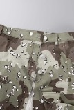 Khaki Casual Camouflage Print Patchwork Slit Regular High Waist Conventional Full Print Bottoms