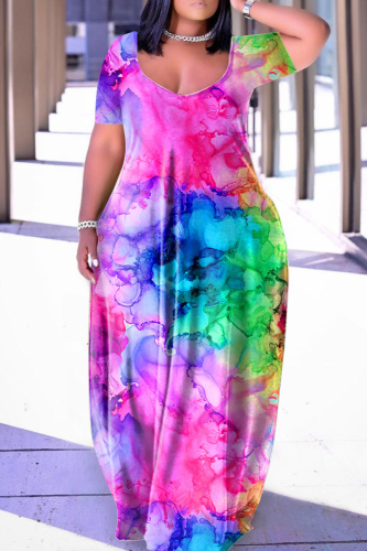 Rose Pink Casual Print Basic V Neck Short Sleeve Dress Dresses