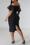 Black Casual Solid Patchwork Off the Shoulder One Step Skirt Dresses