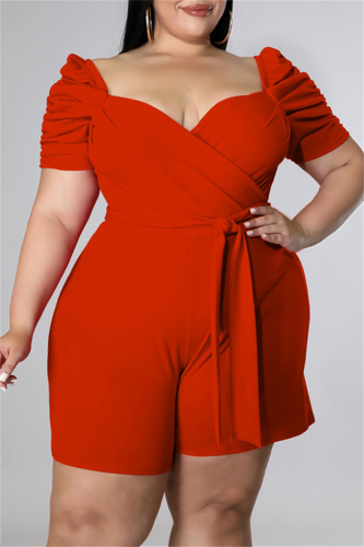 Orange Fashion Casual Solid Hollowed Out V Neck Plus Size Romper