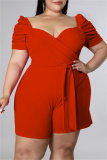 Red Fashion Casual Solid Hollowed Out V Neck Plus Size Romper