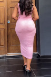 Pink Casual Solid Bandage Hollowed Out Patchwork O Neck Pencil Skirt Dresses