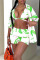 Green Vacation Print Patchwork Turndown Collar Short Sleeve Three Pieces