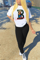 Black White Casual Print Patchwork O Neck Short Sleeve Two Pieces