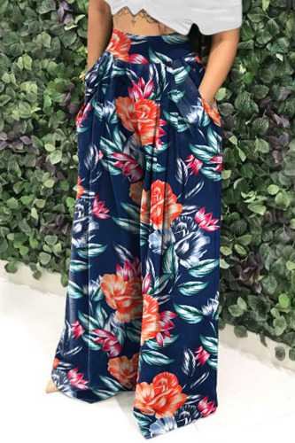 Deep Blue Casual Print Patchwork High Waist Wide Leg Full Print Bottoms