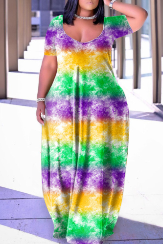 Green Purple Casual Print Patchwork V Neck Short Sleeve Dress