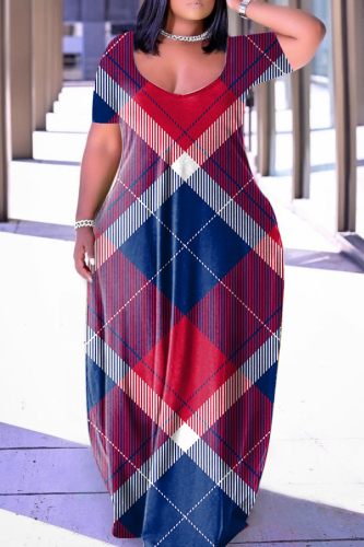 Red Blue Casual Print Basic V Neck Short Sleeve Dress Dresses