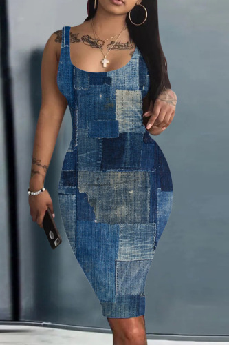 Dark Blue Casual Print Basic U Neck Vest Dress Dresses