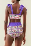 Purple Sexy Print Bandage Backless Swimsuit Three Piece Set
