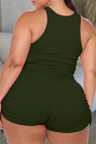 Green Casual Solid Fold O Neck Plus Size Two Pieces