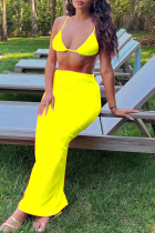Fluorescent Yellow Sexy Solid Bandage Backless Swimsuit Three Piece Set