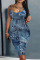 Blue Gray Casual Print Basic U Neck Vest Dress Dresses