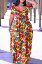 Red Yellow Casual Print Basic V Neck Short Sleeve Dress Dresses