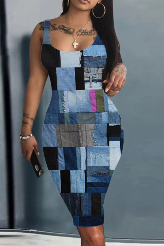Blue Black Casual Print Basic U Neck Vest Dress Dresses