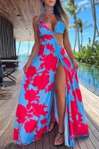 Blue Sexy Print Patchwork Backless Slit Asymmetrical Halter Long Dress Dresses
