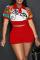 Red Casual Print Patchwork Turndown Collar Short Sleeve Two Pieces