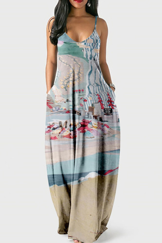 Khaki Casual Print Patchwork Spaghetti Strap Sling Dress Dresses