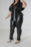 Black Casual Solid Draw String Turndown Collar Plus Size Two Pieces