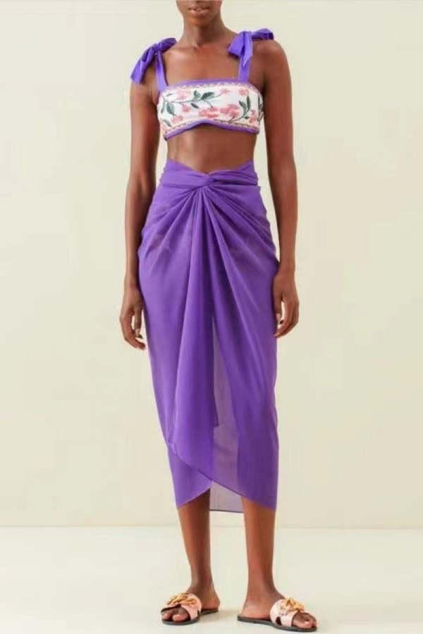 Purple Sexy Print Bandage Backless Swimsuit Three Piece Set