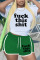 Green Casual Letter Print Draw String O Neck Short Sleeve Two Pieces