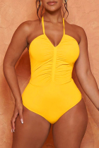 Yellow Sexy Solid Bandage Backless Fold Swimwears (With Paddings)