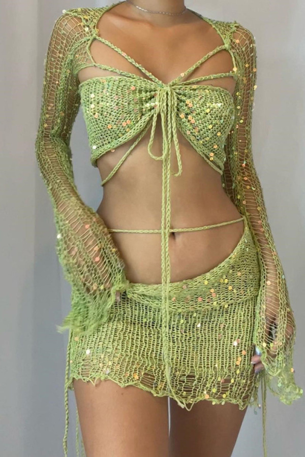 Green Sexy Solid Bandage Sequins Patchwork See-through Asymmetrical Collar Long Sleeve Three Pieces