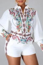 White Casual Print Patchwork With Belt Turndown Collar Long Sleeve Two Pieces