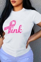 White Casual Print Letter O Neck T-Shirts