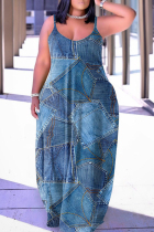 Blue Sexy Casual Print Backless Spaghetti Strap Long Dress Dresses