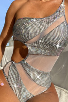 Silver Sexy Solid Hollowed Out Patchwork See-through Asymmetrical Swimwears