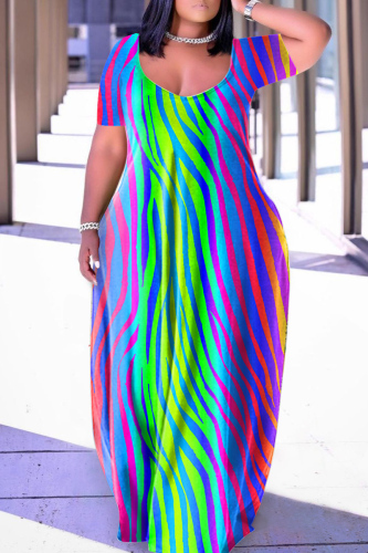 Turquoise Casual Print Basic V Neck Short Sleeve Dress Dresses