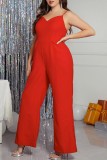 Red Sexy Casual Solid Backless Spaghetti Strap Plus Size Jumpsuits